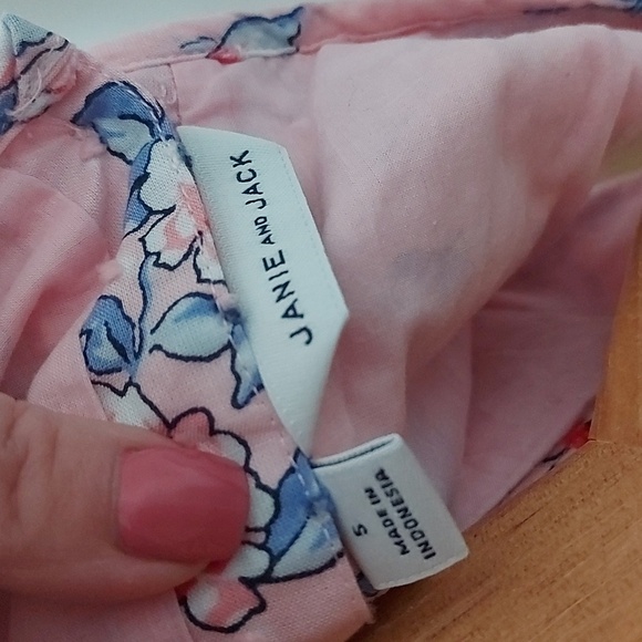 Janie & Jack Pink Floral And Swiss Dot Dress With Ruffles And Blue Ribbon Waist - Picture 6 of 8